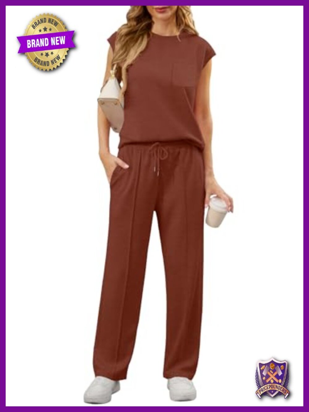 2 Piece Lounge Set Sleeveless Top Wide Leg Pants W Pockets